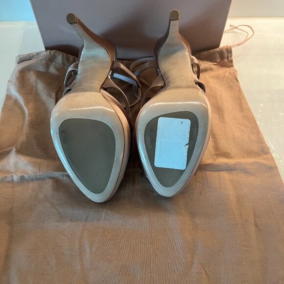 NEW Miu Miu Nude Satin Bejeweled Calzature Donna T-Strap Platform High Heels - Picture 8 of 11
